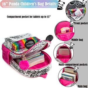 Kids Girls Panda Backpacks for Teen Girls High Elementary Middle School Backpack for Girls Backpack with Lunch Box and Pencil Case School Backpack for Girls 16" 3PCS Silver Sequin Red Backpack