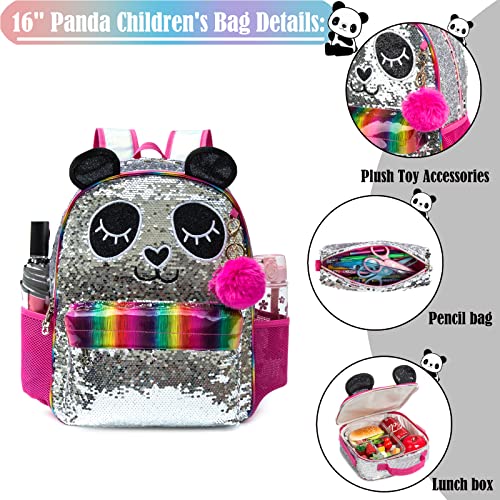 Kids Girls Panda Backpacks for Teen Girls High Elementary Middle School Backpack for Girls Backpack with Lunch Box and Pencil Case School Backpack for Girls 16" 3PCS Silver Sequin Red Backpack