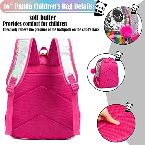 Kids Girls Panda Backpacks for Teen Girls High Elementary Middle School Backpack for Girls Backpack with Lunch Box and Pencil Case School Backpack for Girls 16" 3PCS Silver Sequin Red Backpack