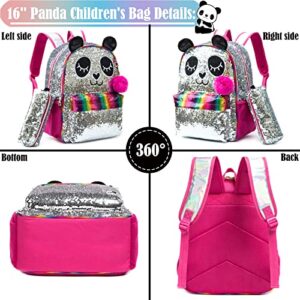 Kids Girls Panda Backpacks for Teen Girls High Elementary Middle School Backpack for Girls Backpack with Lunch Box and Pencil Case School Backpack for Girls 16" 3PCS Silver Sequin Red Backpack