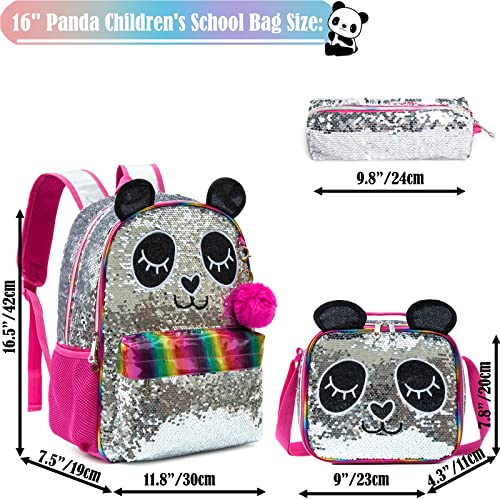 Kids Girls Panda Backpacks for Teen Girls High Elementary Middle School Backpack for Girls Backpack with Lunch Box and Pencil Case School Backpack for Girls 16" 3PCS Silver Sequin Red Backpack