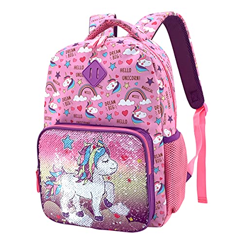 HAPPYSUNNY Unicorn Backpack for Girls Reversible Sequins Unicorn School Backpack 15 Inch Kindergarten Preschool Elementary Children Bags with Elastic Mesh Pockets for Bottle