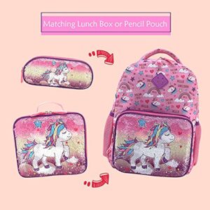 HAPPYSUNNY Unicorn Backpack for Girls Reversible Sequins Unicorn School Backpack 15 Inch Kindergarten Preschool Elementary Children Bags with Elastic Mesh Pockets for Bottle