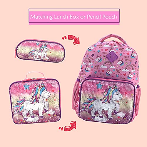 HAPPYSUNNY Unicorn Backpack for Girls Reversible Sequins Unicorn School Backpack 15 Inch Kindergarten Preschool Elementary Children Bags with Elastic Mesh Pockets for Bottle