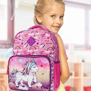 HAPPYSUNNY Unicorn Backpack for Girls Reversible Sequins Unicorn School Backpack 15 Inch Kindergarten Preschool Elementary Children Bags with Elastic Mesh Pockets for Bottle