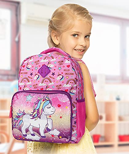 HAPPYSUNNY Unicorn Backpack for Girls Reversible Sequins Unicorn School Backpack 15 Inch Kindergarten Preschool Elementary Children Bags with Elastic Mesh Pockets for Bottle