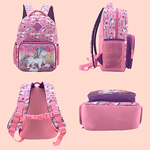 HAPPYSUNNY Unicorn Backpack for Girls Reversible Sequins Unicorn School Backpack 15 Inch Kindergarten Preschool Elementary Children Bags with Elastic Mesh Pockets for Bottle