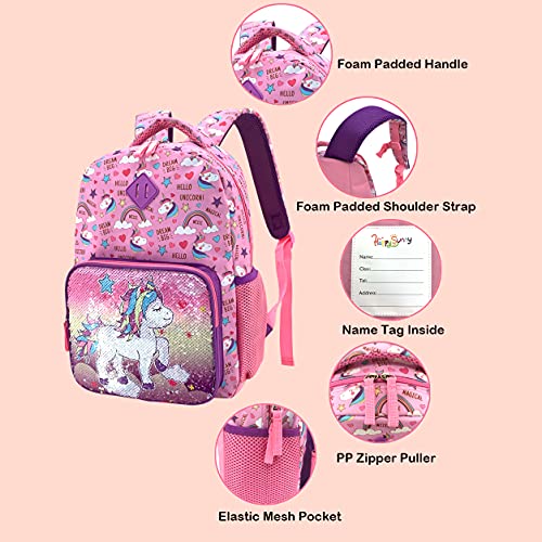 HAPPYSUNNY Unicorn Backpack for Girls Reversible Sequins Unicorn School Backpack 15 Inch Kindergarten Preschool Elementary Children Bags with Elastic Mesh Pockets for Bottle