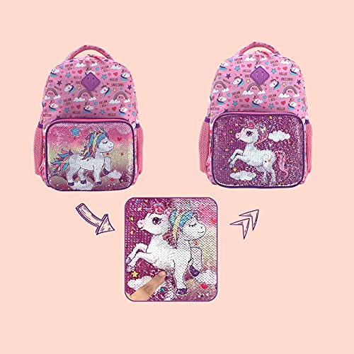 HAPPYSUNNY Unicorn Backpack for Girls Reversible Sequins Unicorn School Backpack 15 Inch Kindergarten Preschool Elementary Children Bags with Elastic Mesh Pockets for Bottle