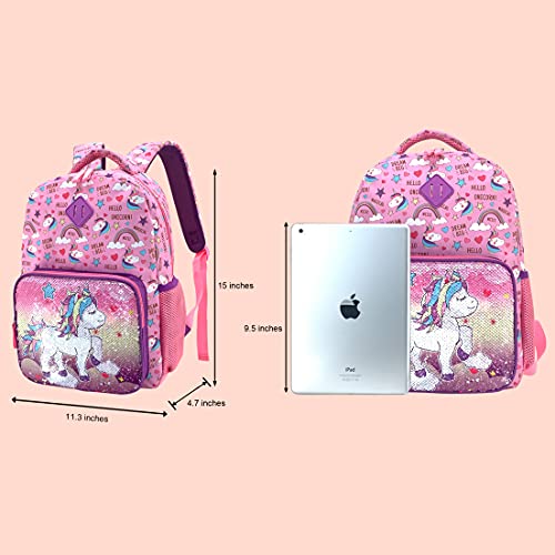 HAPPYSUNNY Unicorn Backpack for Girls Reversible Sequins Unicorn School Backpack 15 Inch Kindergarten Preschool Elementary Children Bags with Elastic Mesh Pockets for Bottle