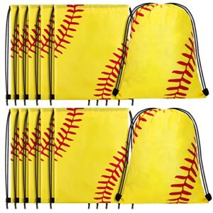 12 pieces small softball soccer basketball volleyball candy drawstring bag softball soccer basketball volleyball drawstring goodie favor bags(softball style,10 x 12 inch)