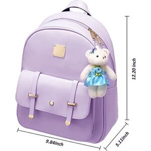 Cute Small Bag for Teen Girls Leather Bookbag Mini Purse Backpack Shoulder Bag with Cartoon Bear Keychain