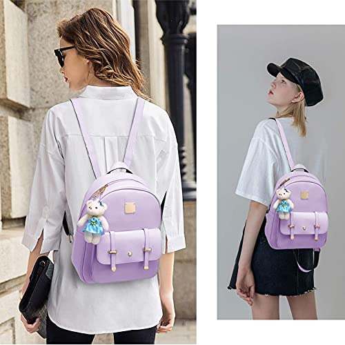 Cute Small Bag for Teen Girls Leather Bookbag Mini Purse Backpack Shoulder Bag with Cartoon Bear Keychain