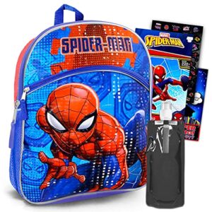 marvel shop, kids spiderman backpack set 4 pc bundle with deluxe 16 in marvel spiderman school bag, water pouch, stickers, and more, spiderman backpack for boys