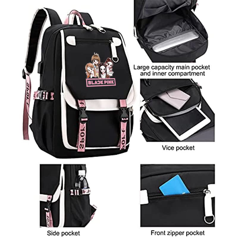 BEBBEE Unisex Bangtan boys Lisa Rose JISOO Jennie Kawaii Laptop Backpack Middle School Students Bookbag Outdoor Daypack for Girls Boys School(E)