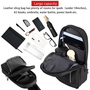 E-Tree Sling Bag Hiking Casual Travel Daypack Crossbody Shoulder Backpack Multi-pocket Chest Bag Small Size PU Leather for Men Women Child Teenager (Black)