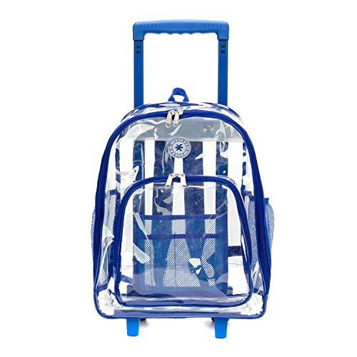 K-Cliffs Rolling Clear Backpack Heavy Duty Bookbag Quality See Through Workbag Travel Daypack Transparent School Book Bags with Wheels Royal Blue