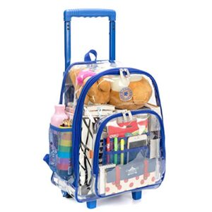 K-Cliffs Rolling Clear Backpack Heavy Duty Bookbag Quality See Through Workbag Travel Daypack Transparent School Book Bags with Wheels Royal Blue