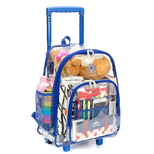 K-Cliffs Rolling Clear Backpack Heavy Duty Bookbag Quality See Through Workbag Travel Daypack Transparent School Book Bags with Wheels Royal Blue