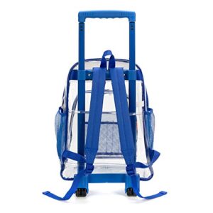 K-Cliffs Rolling Clear Backpack Heavy Duty Bookbag Quality See Through Workbag Travel Daypack Transparent School Book Bags with Wheels Royal Blue