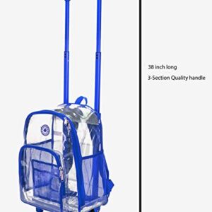 K-Cliffs Rolling Clear Backpack Heavy Duty Bookbag Quality See Through Workbag Travel Daypack Transparent School Book Bags with Wheels Royal Blue