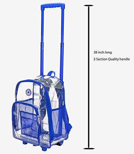 K-Cliffs Rolling Clear Backpack Heavy Duty Bookbag Quality See Through Workbag Travel Daypack Transparent School Book Bags with Wheels Royal Blue