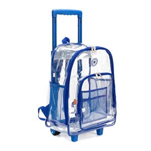 K-Cliffs Rolling Clear Backpack Heavy Duty Bookbag Quality See Through Workbag Travel Daypack Transparent School Book Bags with Wheels Royal Blue