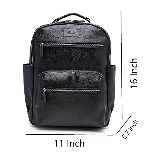 Teakwood Genuine Leather Backpack 15.6 inch Travel Laptop Bag Casual Shoulder Vintage Daypack For Men and Women (Black)