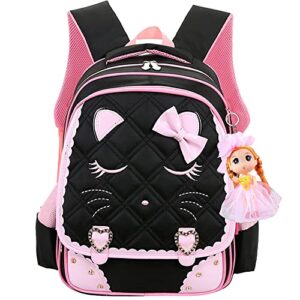 cat face girls backpack kids school bookbag for primary students black