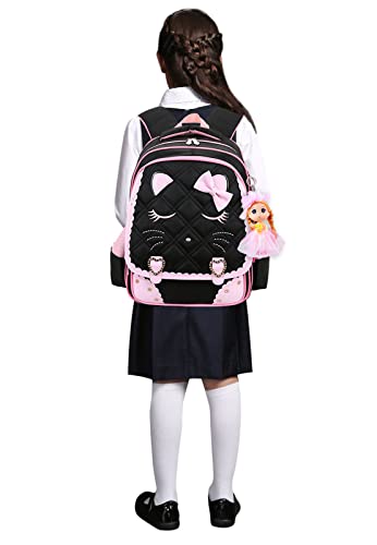 Cat Face Girls Backpack Kids School Bookbag for Primary Students Black