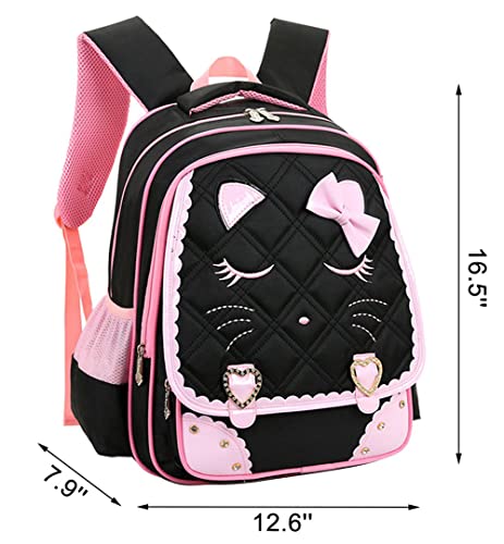 Cat Face Girls Backpack Kids School Bookbag for Primary Students Black