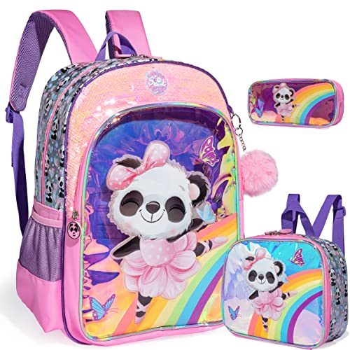 ZBAOGTW Panda Backpacks for Girls Kids School Cute Bookbag for Kindergarten Elementary Sequin School Backpack for Girls Lightweight School Bag with Lunch Box