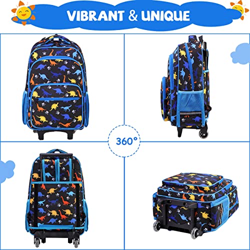 VASCHY Rolling Backpack Kids, 17in Water Resistant Large Schoolbag Carry-on Travel Trip Bag with Wheels for Boys Blue Dinos