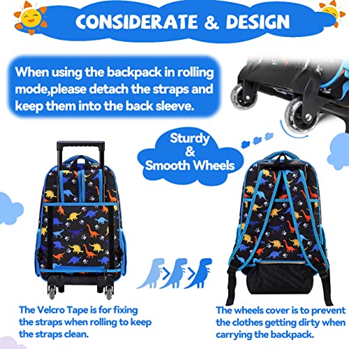 VASCHY Rolling Backpack Kids, 17in Water Resistant Large Schoolbag Carry-on Travel Trip Bag with Wheels for Boys Blue Dinos