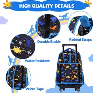 VASCHY Rolling Backpack Kids, 17in Water Resistant Large Schoolbag Carry-on Travel Trip Bag with Wheels for Boys Blue Dinos