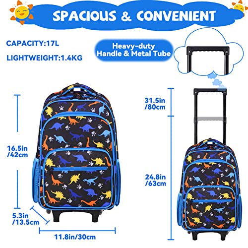 VASCHY Rolling Backpack Kids, 17in Water Resistant Large Schoolbag Carry-on Travel Trip Bag with Wheels for Boys Blue Dinos