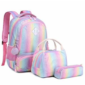 meisohua kids school rainbow glitter backpack with lunch bag girls preschool backpack 3 in 1 school bag set daypack bookbag (bling set)