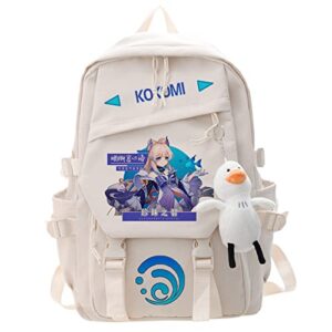 genshin impact sangonnmiya kokomi cosplay backpack anime backpacks for teens adult (16 inch with cute doll of duck)
