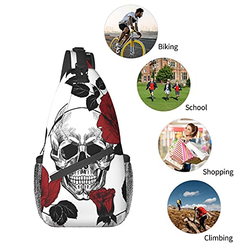 Yamegoun Rose And Skull Unisex Chest Bags Crossbody Sling Backpack Travel Hiking Daypack for Women Men Shoulder Bag for Casual Sport Climbing Runners
