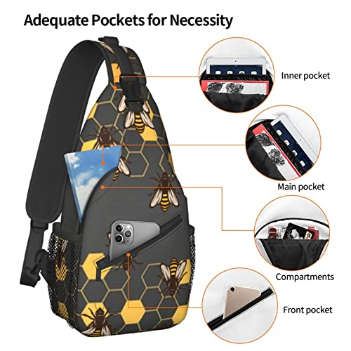 FyLybois Honeycomb Bee Sling Bag Crossbody Travel Hiking Bags Mini Chest Backpack Casual Shoulder Daypack for Women Men with Strap Lightweight Outdoor Sport Climbing Runners