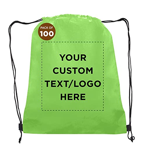 Personalized Drawstring Durable Backpack Non-Woven - 100 Pack - Customizable Text -Sports Back Pack Perfect For Training and Gym - Strong 80 GSM Polypropylene Material - 24 inches Rope String - Lime Green