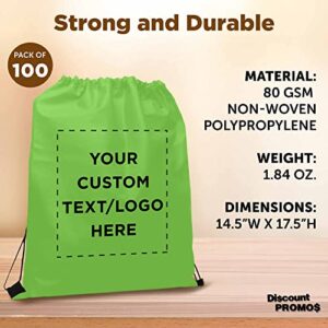 Personalized Drawstring Durable Backpack Non-Woven - 100 Pack - Customizable Text -Sports Back Pack Perfect For Training and Gym - Strong 80 GSM Polypropylene Material - 24 inches Rope String - Lime Green