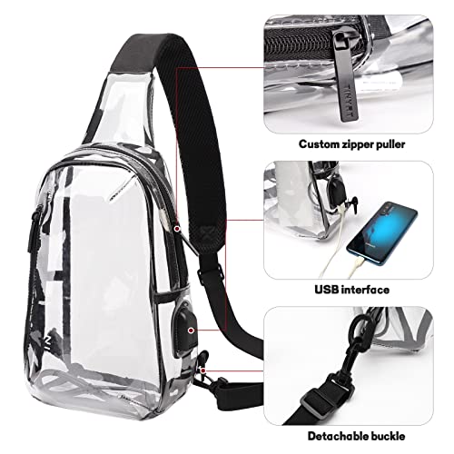 Svtose Clear Bag Stadium Approved, Small Clear Crossbody Bag with USB Charging Port, Sling Bag for Women Men Girls (Black)