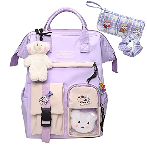 Skyearman Kawaii Backpack with Cute Accessories Kawaii Pin Large Capacity Girl School Bag Rucksack Multi-Pocket Hanging Bear (Purple a),One Size