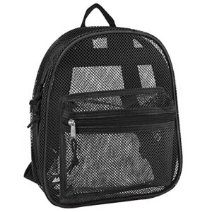 mini mesh backpack for women, girls, kids for school, beach toys, pool, and swimming gear; mini transparent backpacks with padded straps (black)