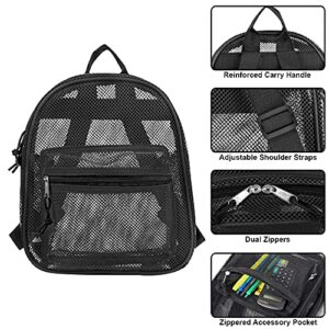 Mini Mesh Backpack for Women, Girls, Kids for School, Beach Toys, Pool, and Swimming Gear; Mini Transparent Backpacks with Padded Straps (Black)