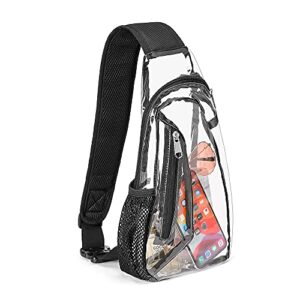 Clear Sling Bag Stadium Approved, Comfortable Small Clear Backpack for Women & Men, Clear Crossbody Stadium Bag, Transparent Bag with Mesh Pocket, Perfect for Sporting Events and Concerts (Black)