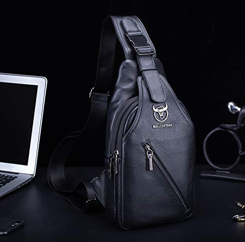 BULLCAPTAIN Genuine Leather Men Sling Bag Casual Travel Hiking Chest Bag Crossbody Shoulder Backpack