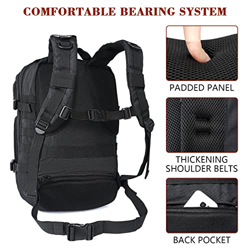 Travel Backpack with Shoe Compartment, Tactical Laptop Backpack for Men with Multi Pockets and Luggage Sleeve, Durable Military Molle Bug Out Bag for Traveling Hiking Camping Sport Outdoor, Black