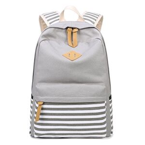 abshoo causal canvas stripe backpack cute lightweight teen backpacks for girls school bookbag (grey)